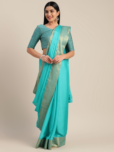 

Mitera Turquoise Blue & Gold-Toned Pure Chiffon Solid Pochampally Saree
