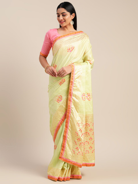 

Mitera Cream-Coloured & Lime Green Silk Blend Printed Pochampally Saree