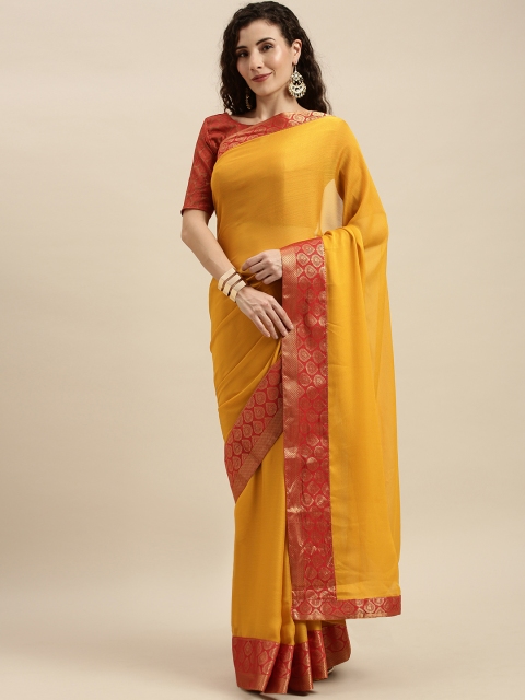 

Mitera Mustard Yellow Pure Chiffon Solid Pochampally Celebrity Saree