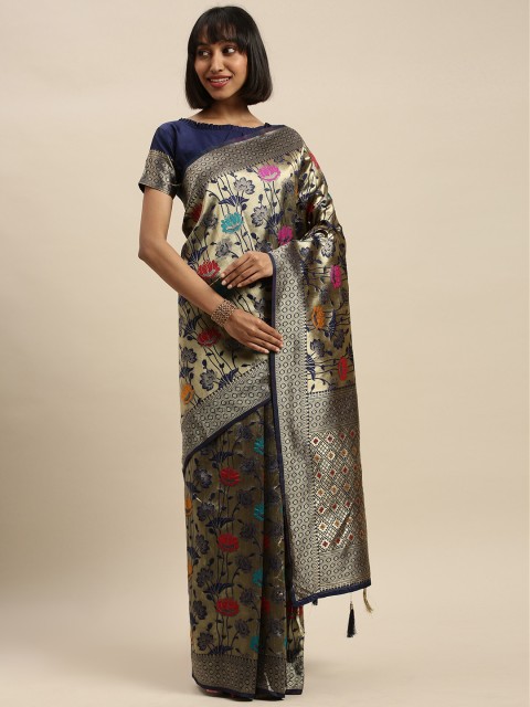 

Mitera Navy Blue & Gold-Toned Silk Blend Woven Design Banarasi Saree