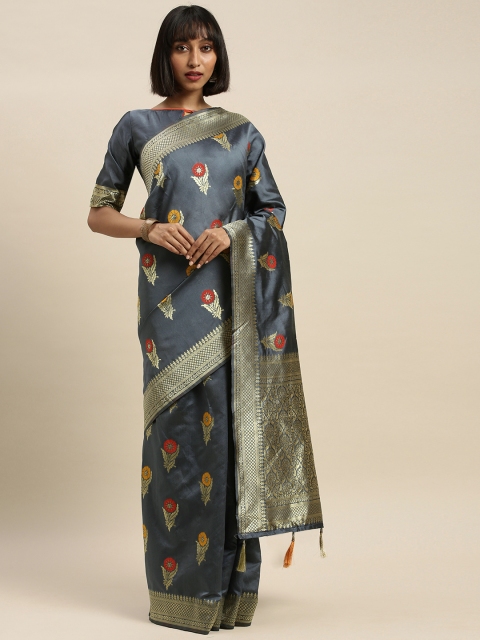 

Mitera Grey & Gold-Toned Silk Blend Woven Design Banarasi Saree
