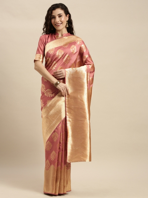 

KALINI Peach-Coloured & Gold-Toned Silk Blend Woven Design Kanjeevaram Saree