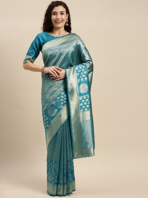 

Mitera Turquoise Blue & Gold-Toned Silk Blend Woven Design Kanjeevaram Saree