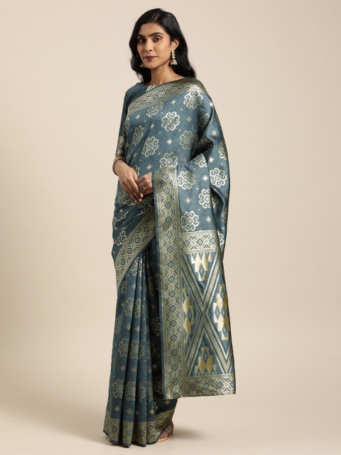 

Mitera Charcoal Grey & Gold-Toned Silk Blend Woven Design Kanjeevaram Saree