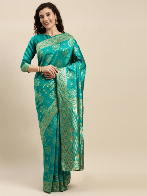 

Mitera Turquoise Blue & Gold-Toned Silk Blend Woven Design Kanjeevaram Saree