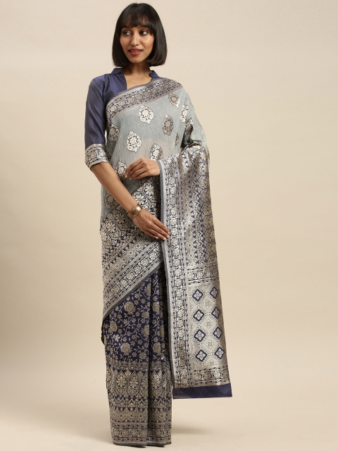 

Mitera Grey & Gold-Toned Cotton Blend Woven Design Banarasi Saree