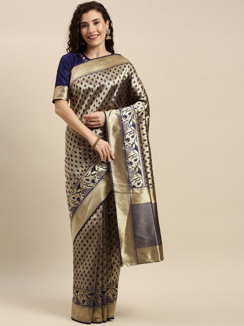 

KALINI Blue & Gold-Toned Silk Blend Woven Design Kanjeevaram Saree