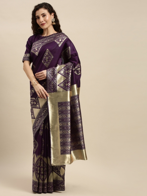 

Mitera Purple & Gold-Toned Silk Blend Woven Design Kanjeevaram Saree
