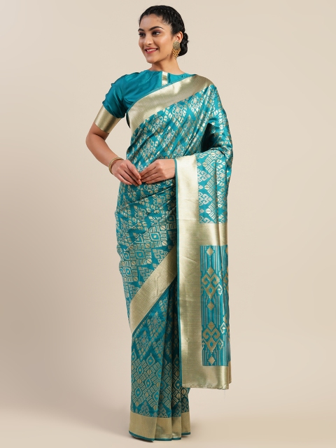 

Mitera Turquoise Blue & Gold-Toned Silk Blend Woven Design Kanjeevaram Saree