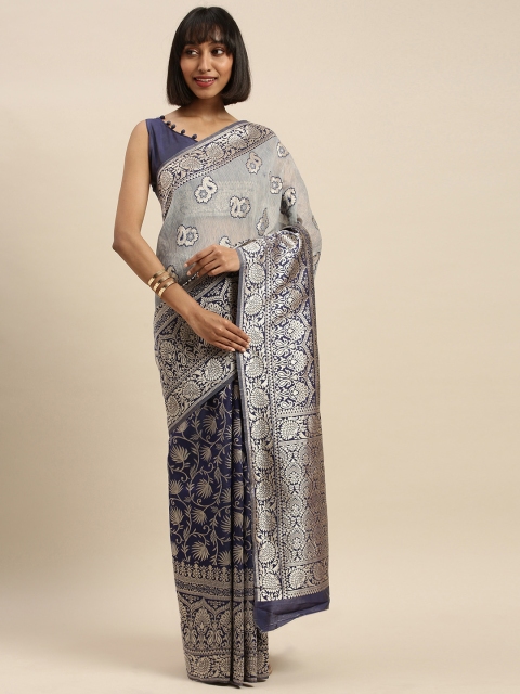 

Mitera Navy Blue & Gold-Toned Cotton Blend Woven Design Banarasi Saree