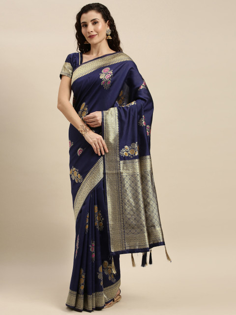

Mitera Navy Blue & Gold-Toned Silk Blend Woven Design Banarasi Saree