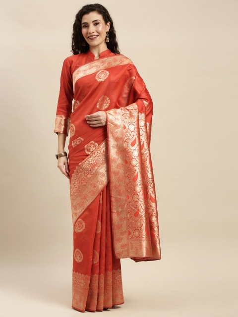 

Mitera Orange & Gold-Toned Silk Blend Woven Design Kanjeevaram Saree