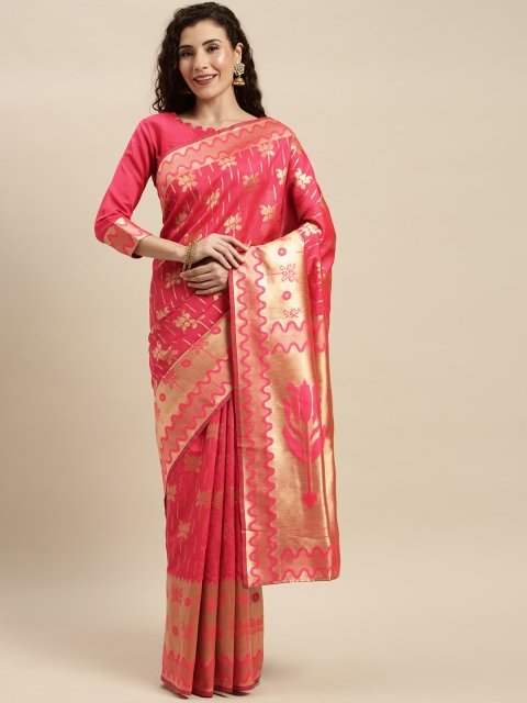 

Mitera Pink & Gold-Toned Silk Blend Woven Design Kanjeevaram Saree
