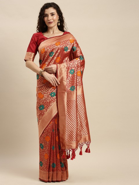 

Mitera Orange & Gold-Toned Silk Blend Woven Design Banarasi Saree
