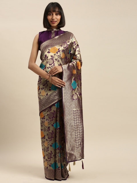 

Mitera Purple & Gold-Toned Silk Blend Woven Design Banarasi Saree