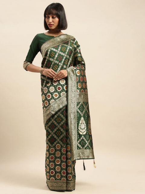 

Mitera Green & Golden Silk Blend Woven Design Banarasi Saree