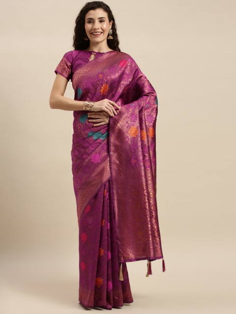

Mitera Magenta Pink & Gold-Toned Silk Blend Woven Design Banarasi Saree