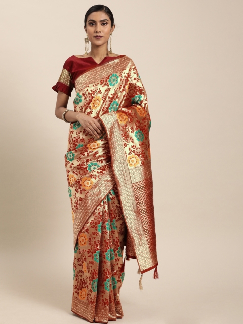 

Mitera Maroon & Gold-Toned Silk Blend Woven Design Banarasi Saree