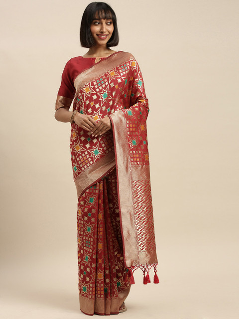 

Mitera Maroon & Gold-Toned Silk Blend Woven Design Banarasi Saree