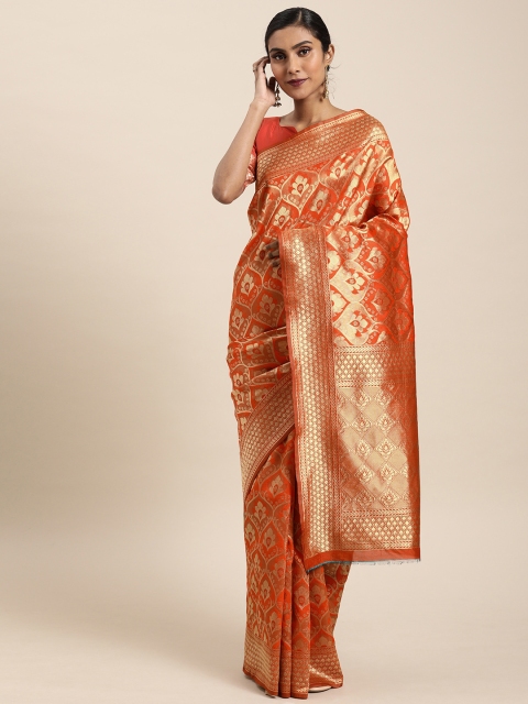

KALINI Orange & Gold-Toned Silk Blend Woven Design Kanjeevaram Saree