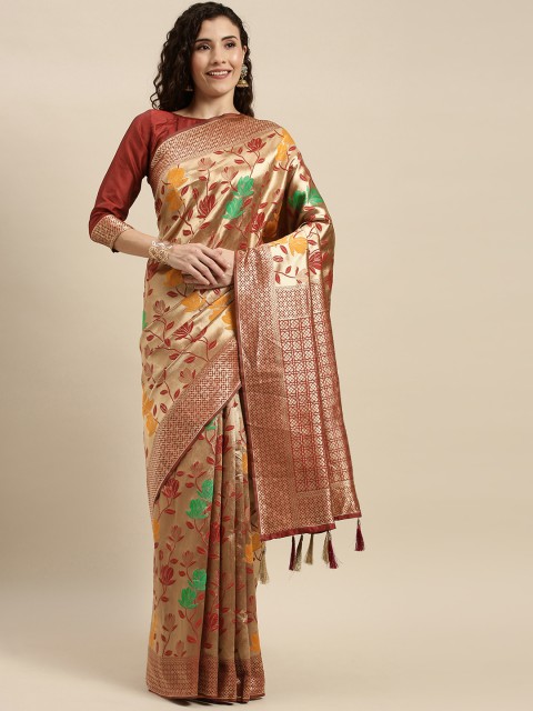

Mitera Maroon & Gold-Toned Silk Blend Woven Design Banarasi Saree