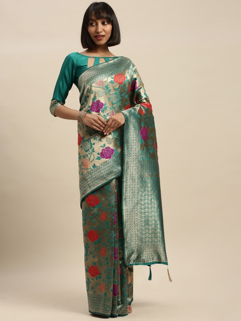 

Mitera Turquoise Blue & Gold-Toned Silk Blend Woven Design Banarasi Saree