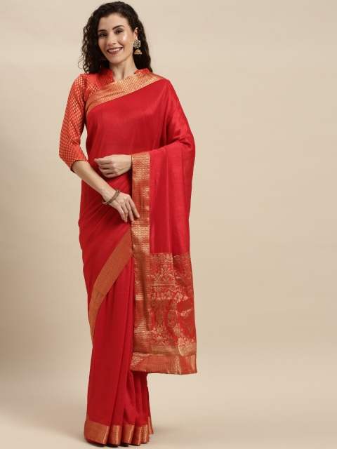 

Mitera Red Silk Blend Solid Pochampally Celebrity Saree