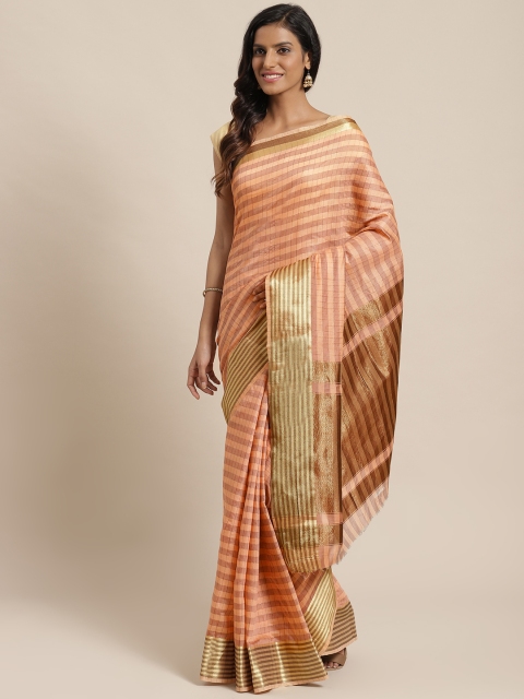 

Nanda Silk Mills Peach-Coloured & Gold-Toned Silk Blend Checked Saree