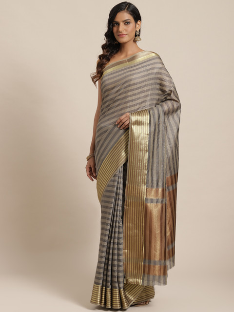 

Nanda Silk Mills Charcoal Grey & Golden Checked Saree