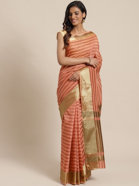 

Nanda Silk Mills Coral Pink & Gold-Toned Silk Blend Checked Saree