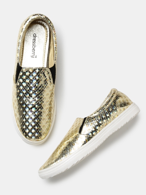 

DressBerry Women Gold-Toned Textured Glossy Slip-Ons