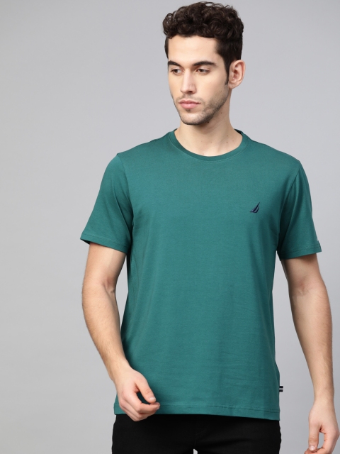 

Nautica Men Teal Green Solid Round Neck T-shirt