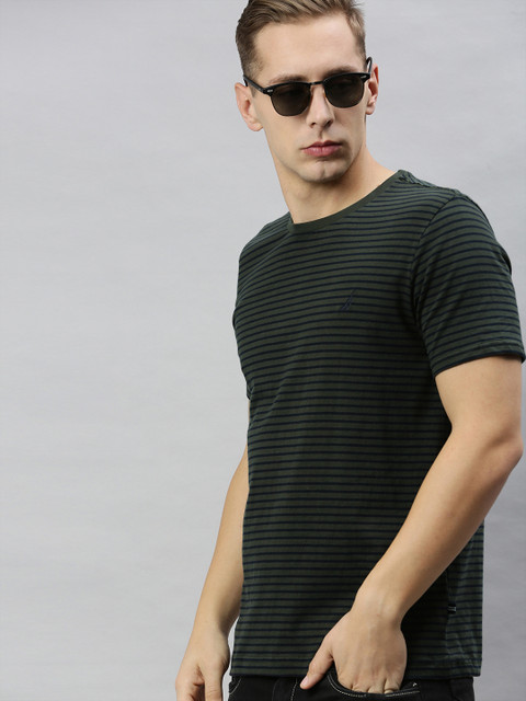 

Nautica Men Olive Green & Navy Pure Cotton Striped Round Neck T-shirt