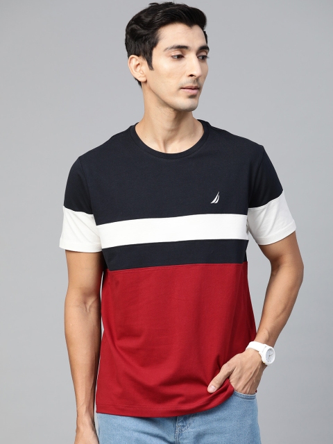 

Nautica Men Red & Navy Blue Colourblocked Round Neck T-shirt