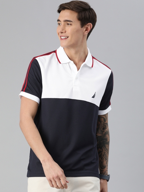 

Nautica Men White & Navy Colourblocked Polo Collar T-shirt