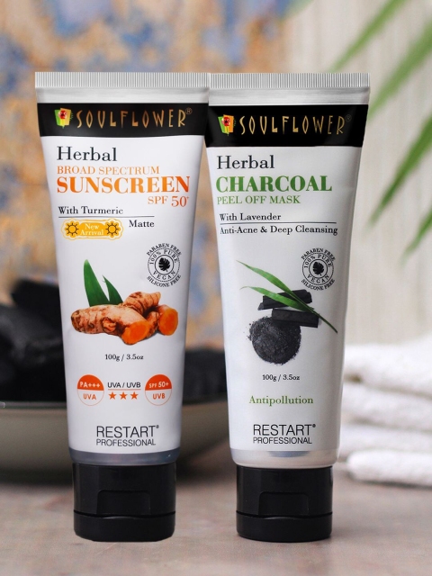 

Soulflower Set of 2 Charcoal Peel Off Mask & Sunscreen SPF 50+ 200 g, Black