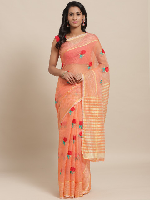 

Rajesh Silk Mills Peach-Coloured & Red Floral Embroidered Saree
