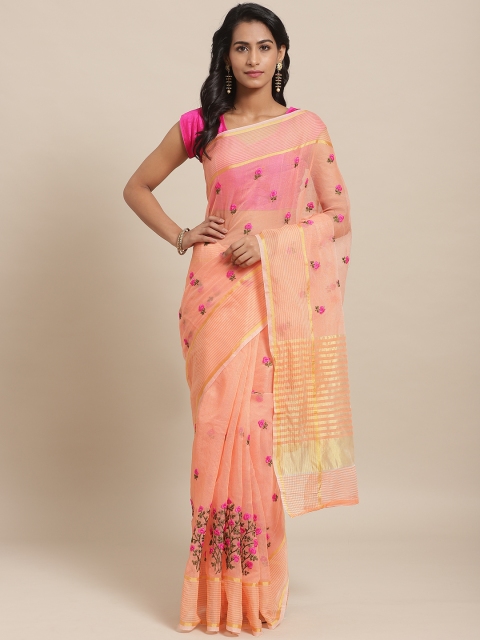 

Rajesh Silk Mills Peach-Coloured & Pink Floral Embroidered Sheer Saree