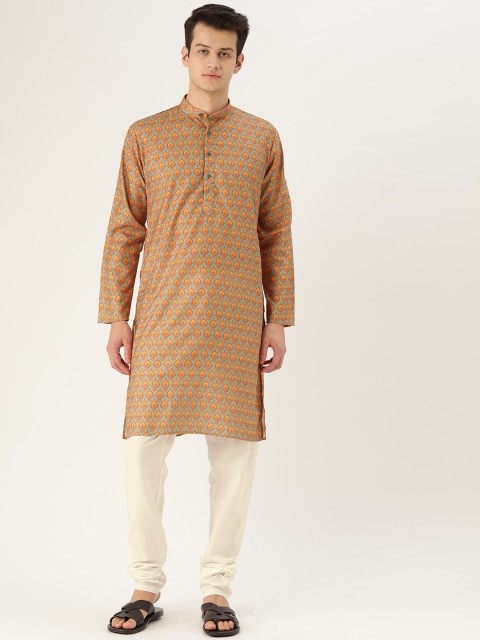 

SOJANYA Men Olive Green & Yellow Ethnic Motifs Print Kurta with Off-White Solid Churidar