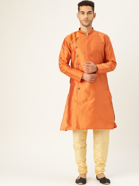 

SOJANYA Men Rust Orange Woven Design Straight Angrakha Kurta