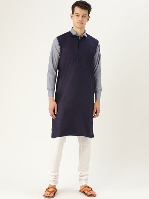 

SOJANYA Men Navy Blue & White Solid Kurta with Churidar