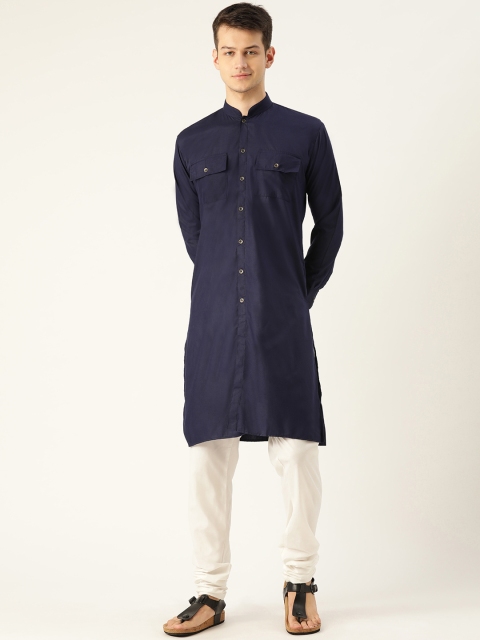 

SOJANYA Men Navy Blue & White Solid Kurta with Churidar