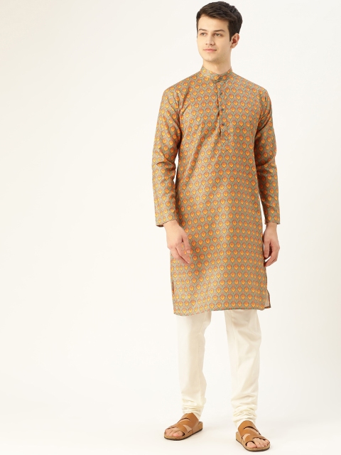 

SOJANYA Men Green & Orange Ethnic Motif Print Straight Kurta