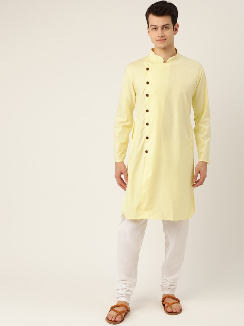

SOJANYA Men Lemon Yellow & White Solid Angrakha Kurta with Churidar