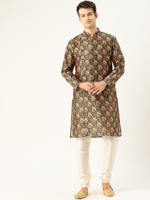 

SOJANYA Men Green & Peach-coloured Printed Straight Angrakha Kurta
