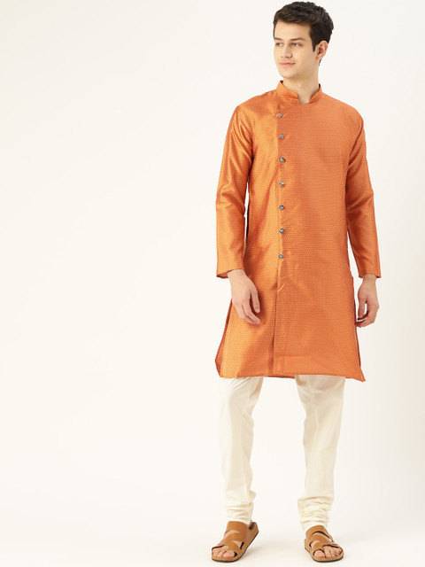 

SOJANYA Men Orange & Off-White Self Design Kurta with Solid Churidar