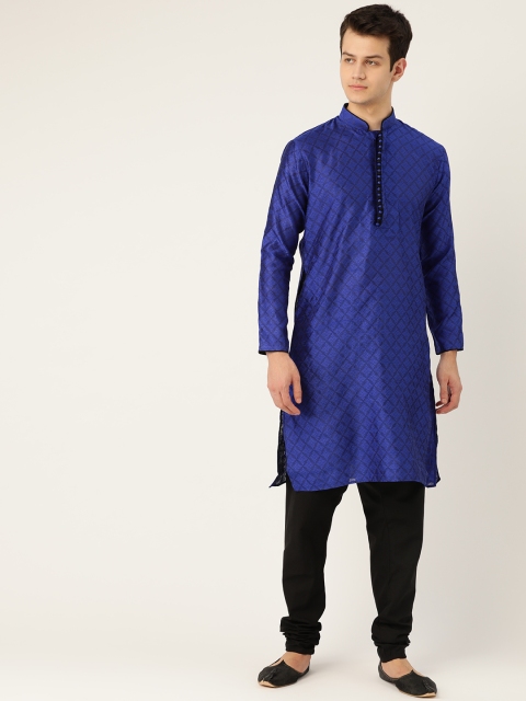 

SOJANYA Men Blue & Black Self Design Kurta with Churidar