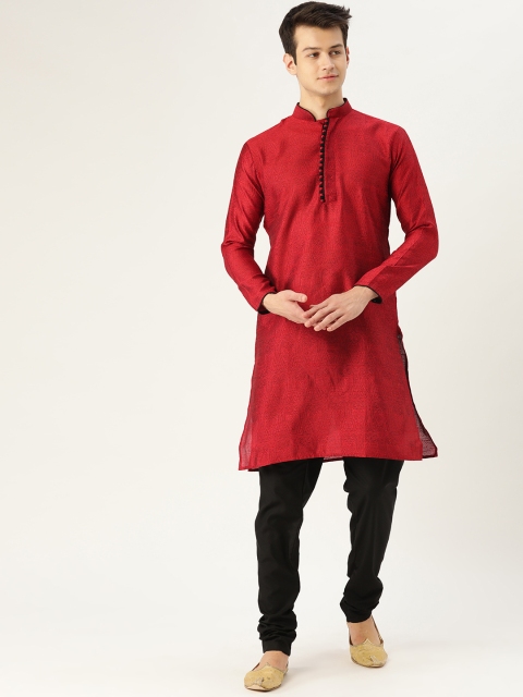 

SOJANYA Men Maroon & Black Self Design Kurta with Churidar