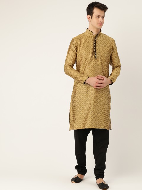 

SOJANYA Men Golden & Black Self Design Kurta with Churidar, Gold