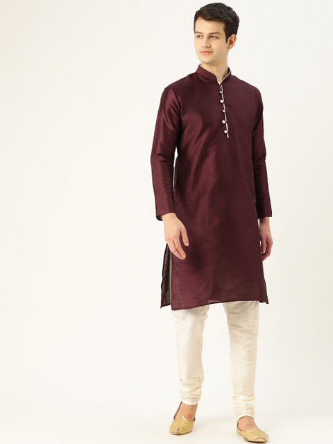 

SOJANYA Men Burgundy & Off-White Solid Kurta with Churidar